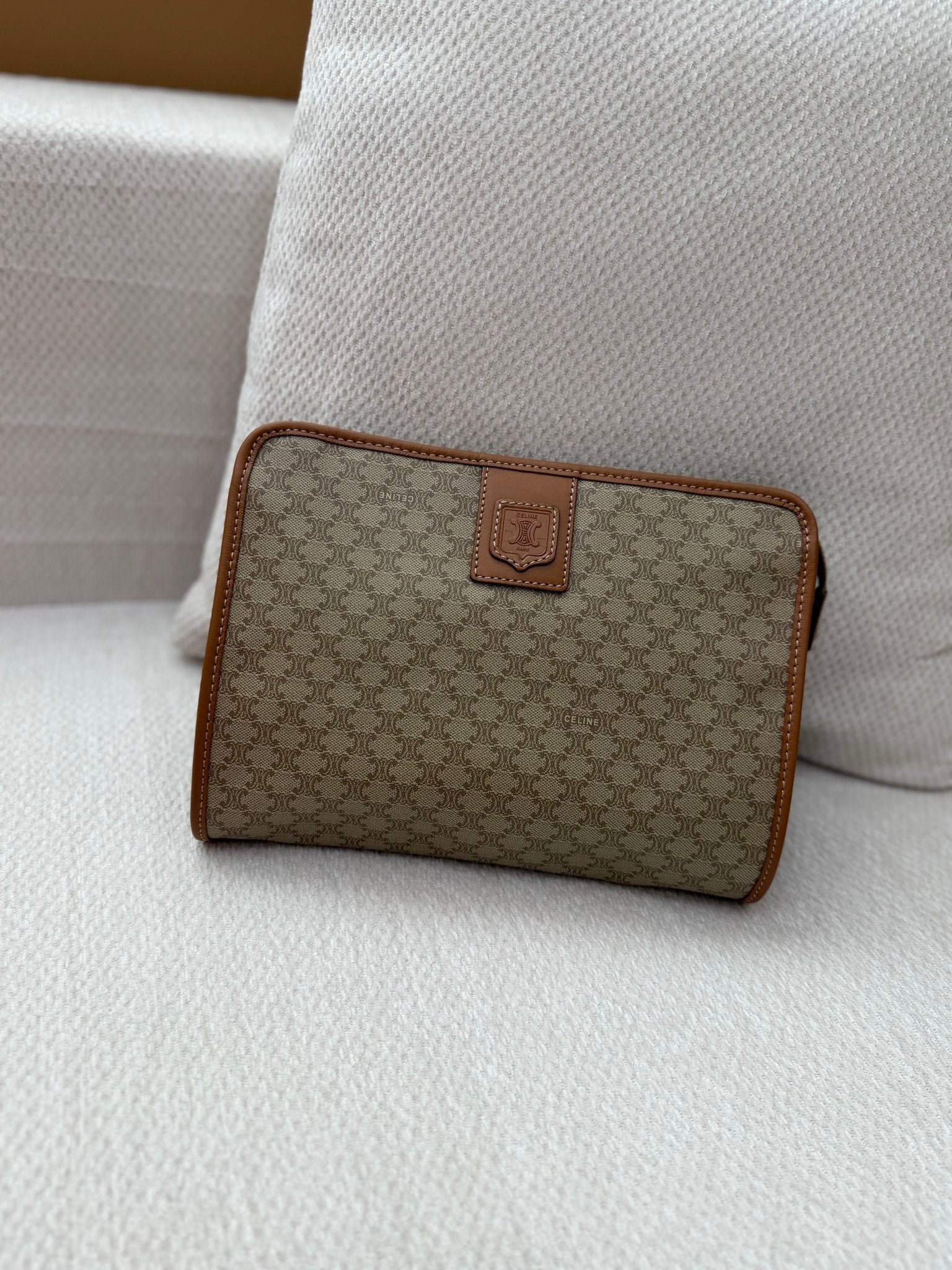 Celine Beige Macadam Coated Canvas Cosmetic Pouch