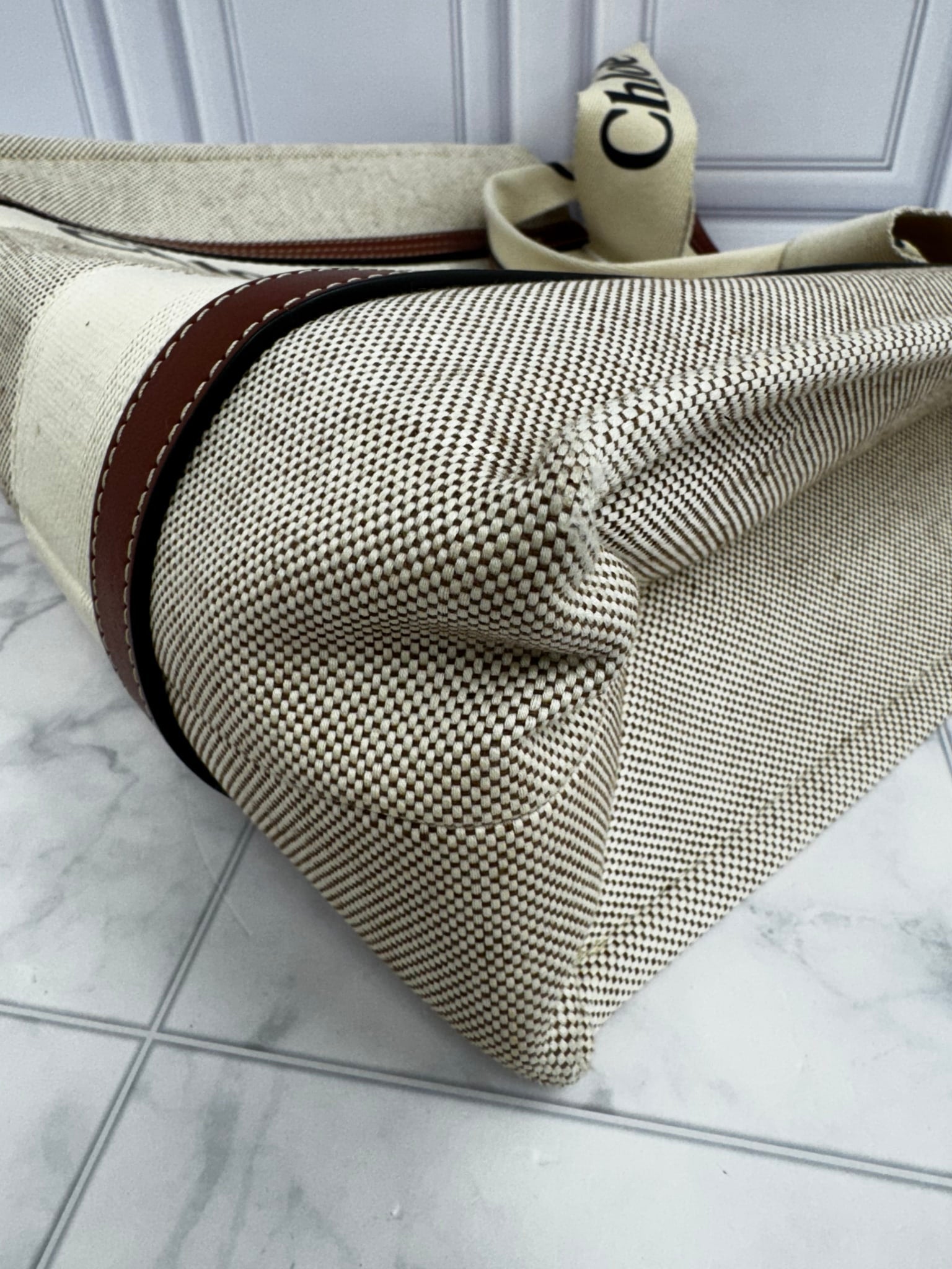Chloe Beige Canvas Woody Medium Tote Bag