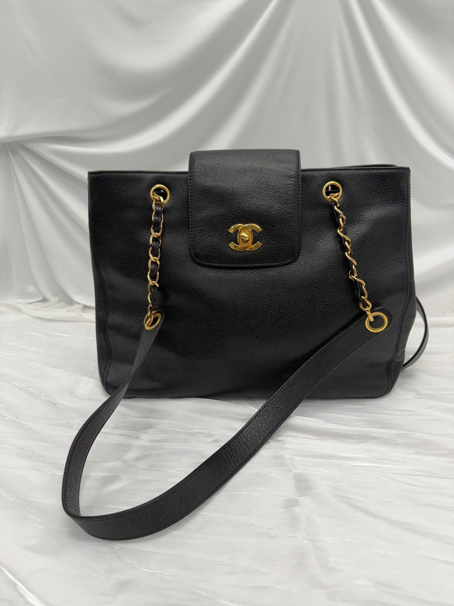 Chanel Black Caviar Leather 24K Chain Shoulder Tote
