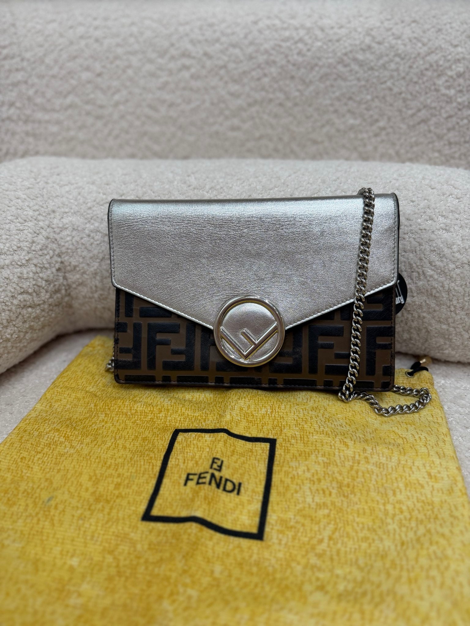 Fendi Brown And Silver Zucca Embossed Wallet On Chain