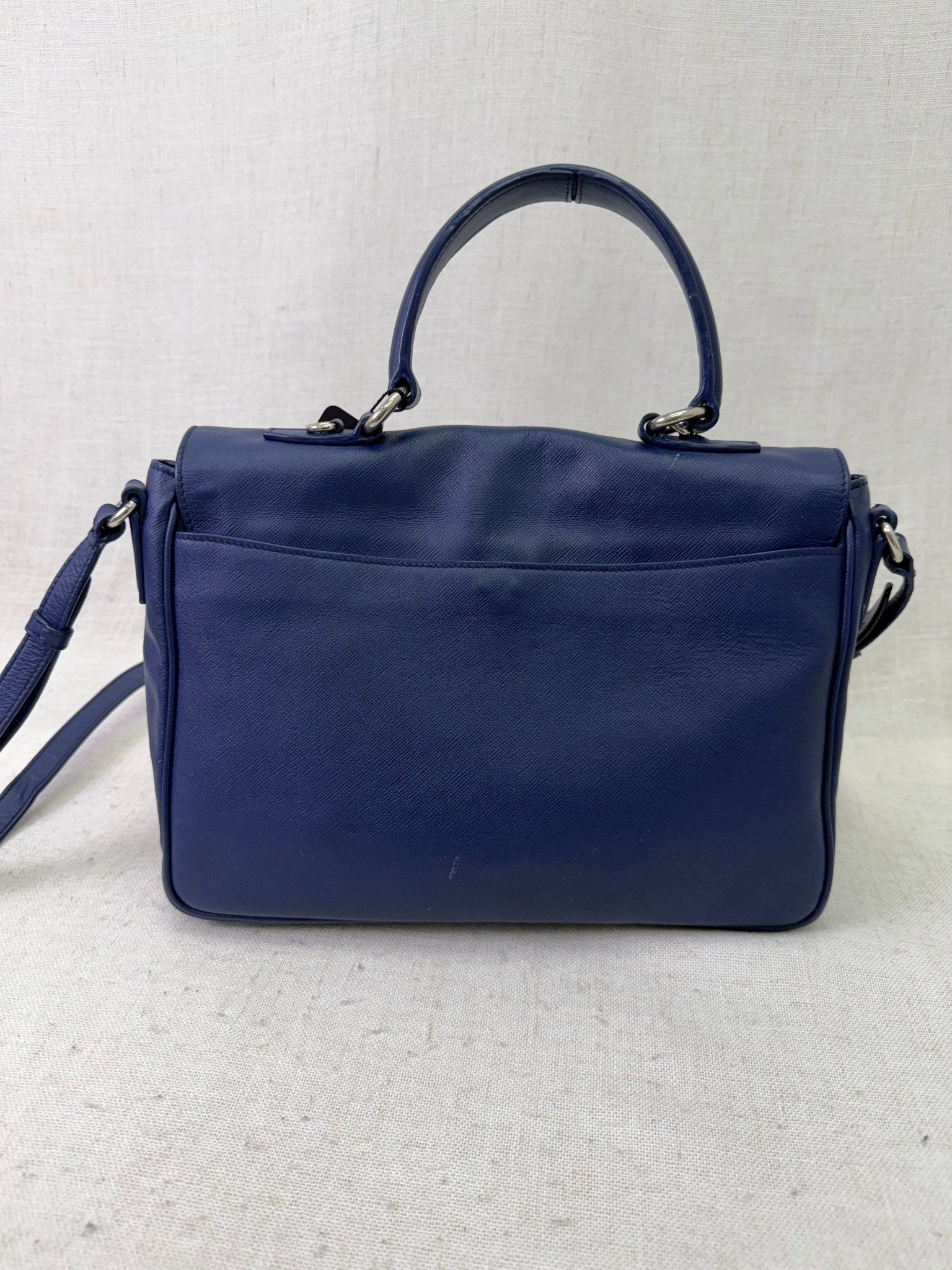 Prada Blue Saffiano Leather Righe Sound Lock Satchel Tote