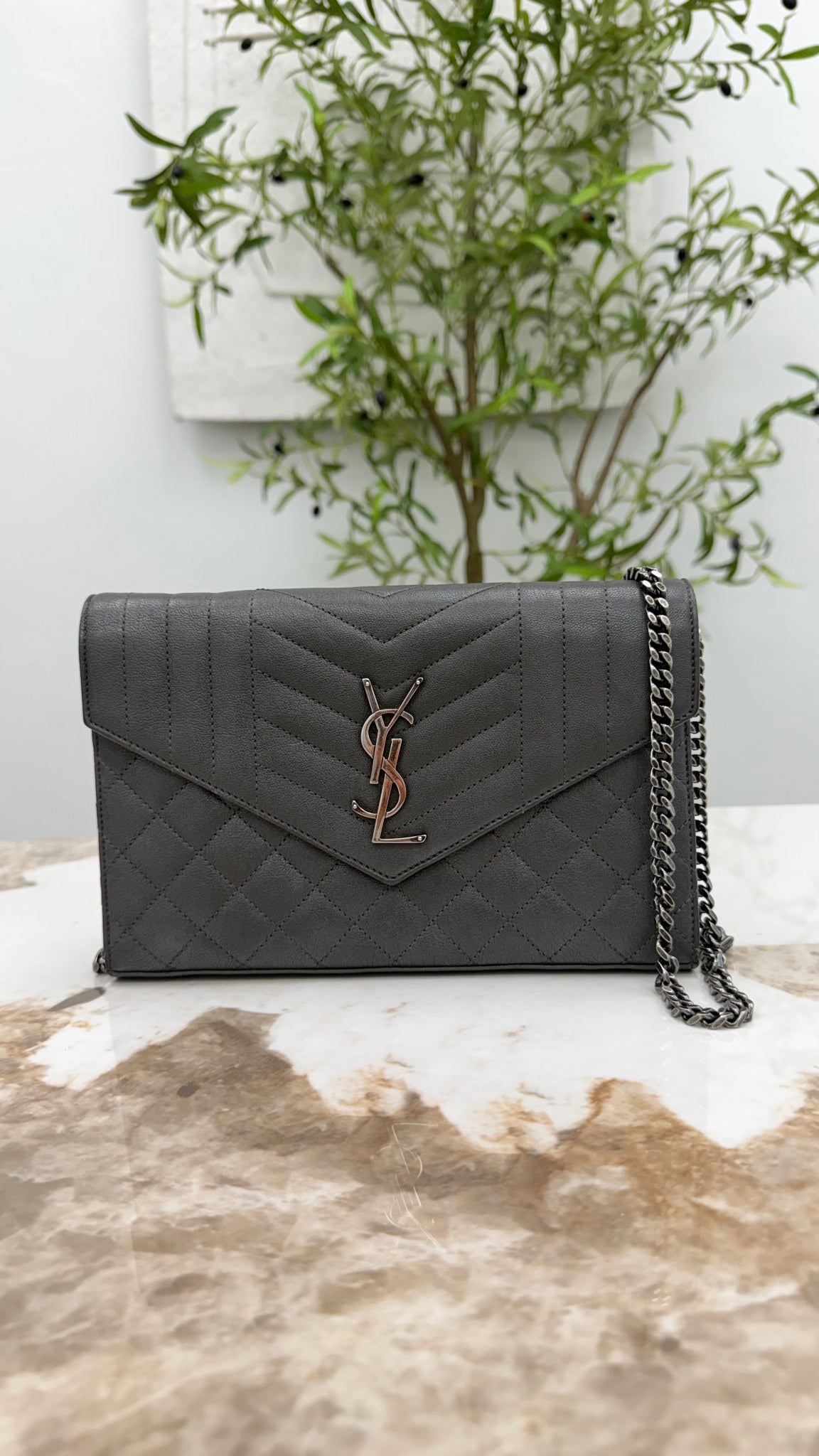 Saint Laurent YSL Grey Grained Leather Envelope Wallet On A Chain 