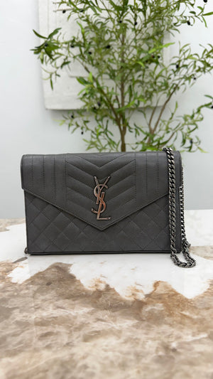 Saint Laurent YSL Grey Grained Leather Envelope Wallet On A Chain
