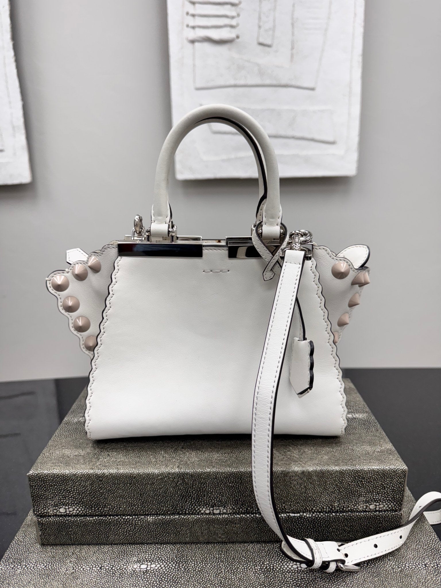 Fendi White Leather Studded Mini 3Jours 2Way Bag