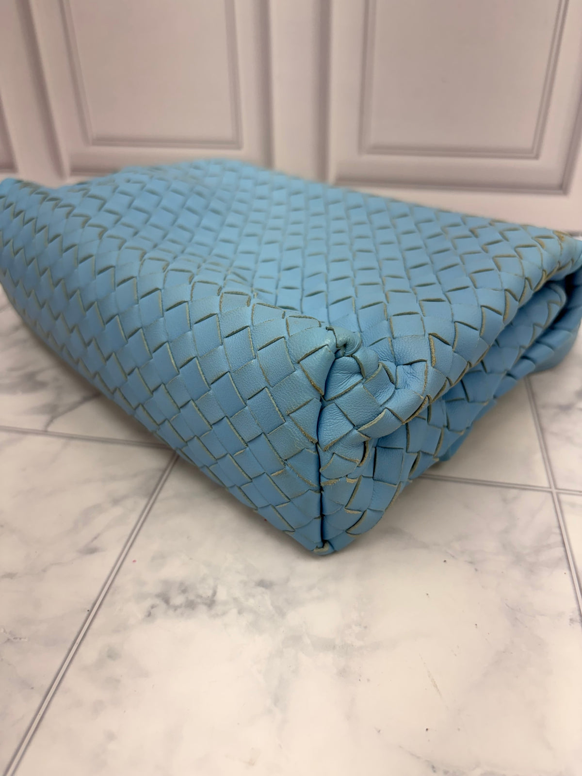 Bottega Veneta Blue Leather Intrecciato Woven Chain Flap Bag