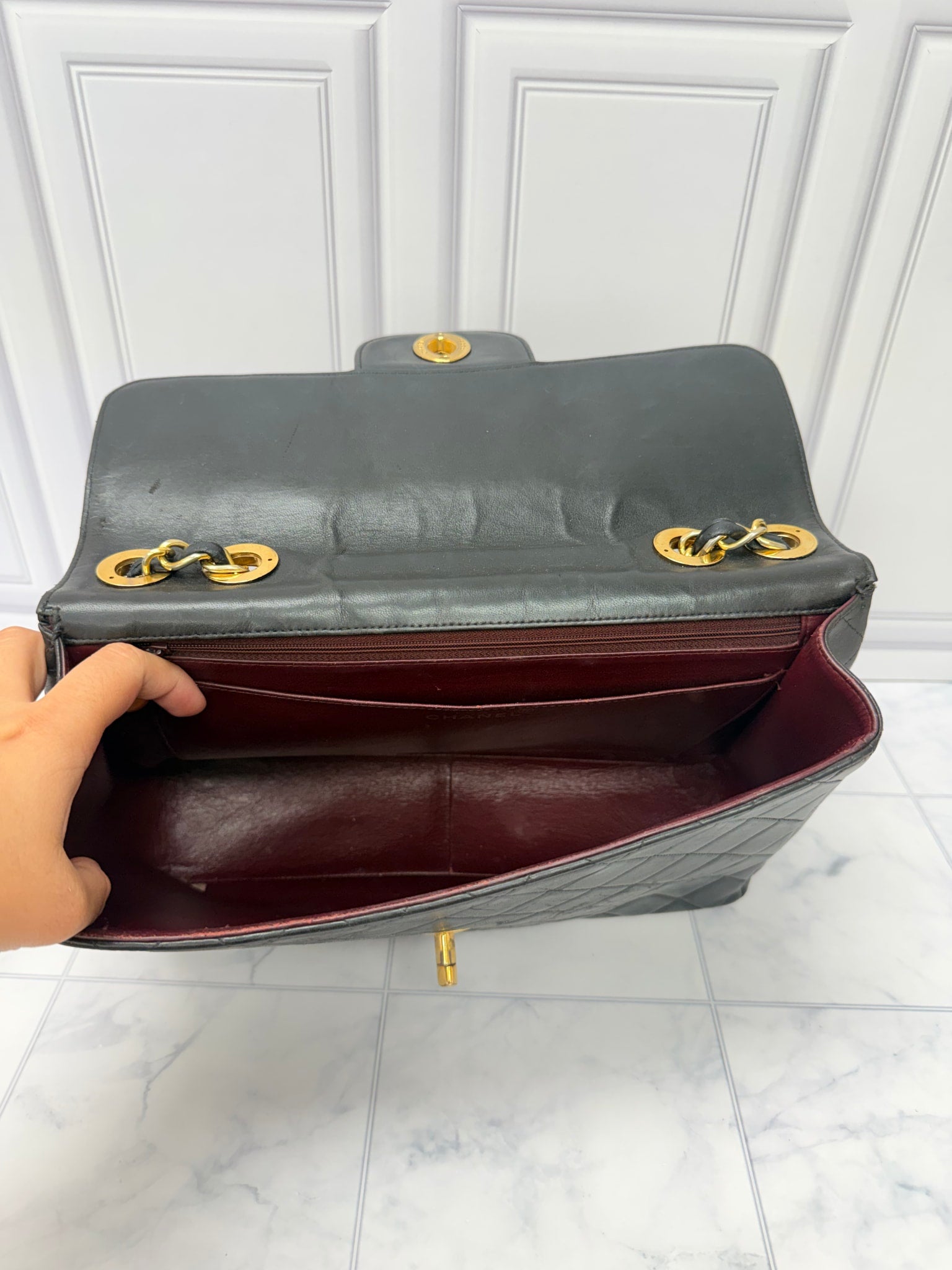 Chanel Vintage Black Leather Jumbo Classic Flap Bag 