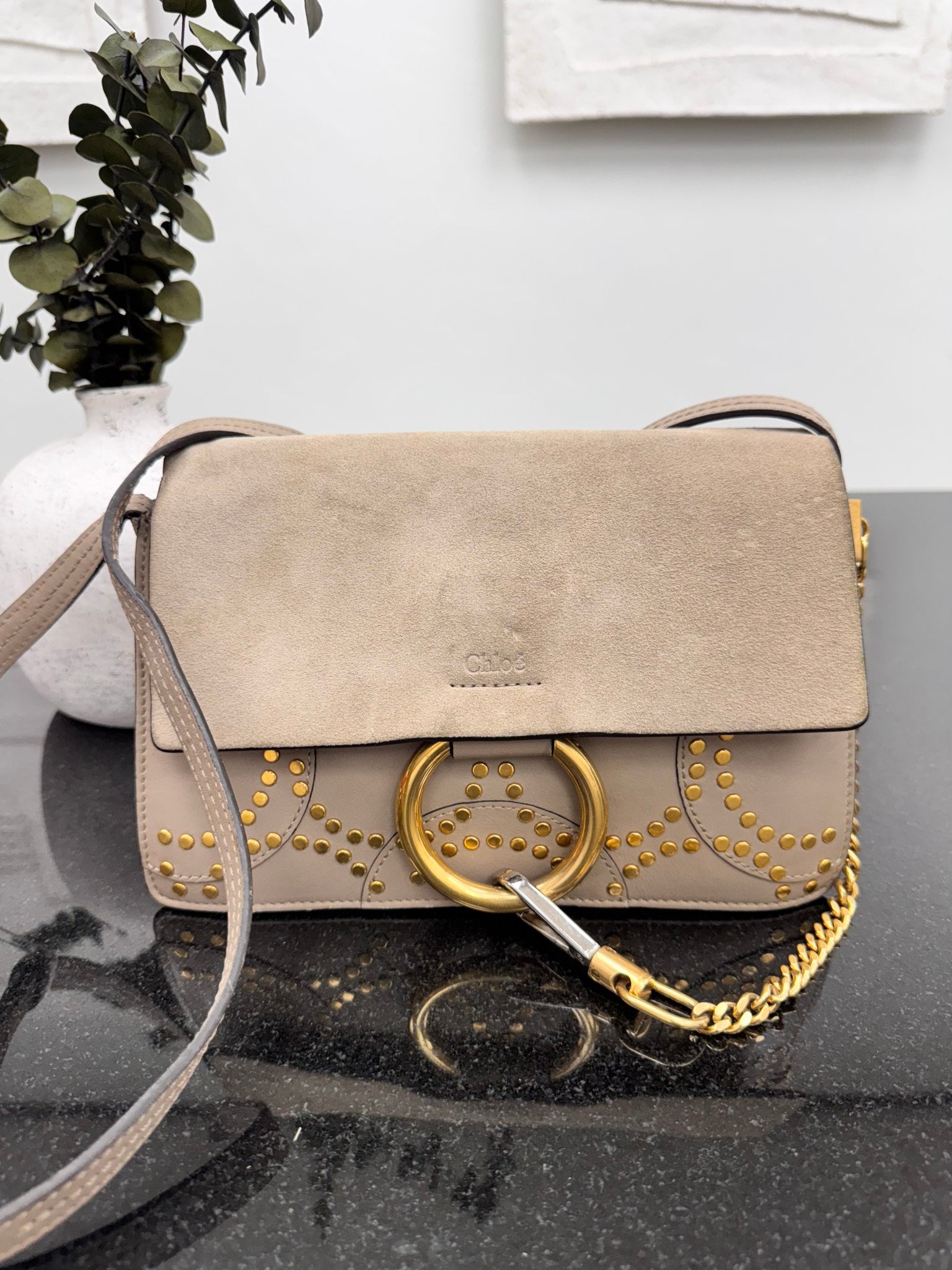 Chloe Taupe Suede And Leather Faye Studded Shoulder Bag