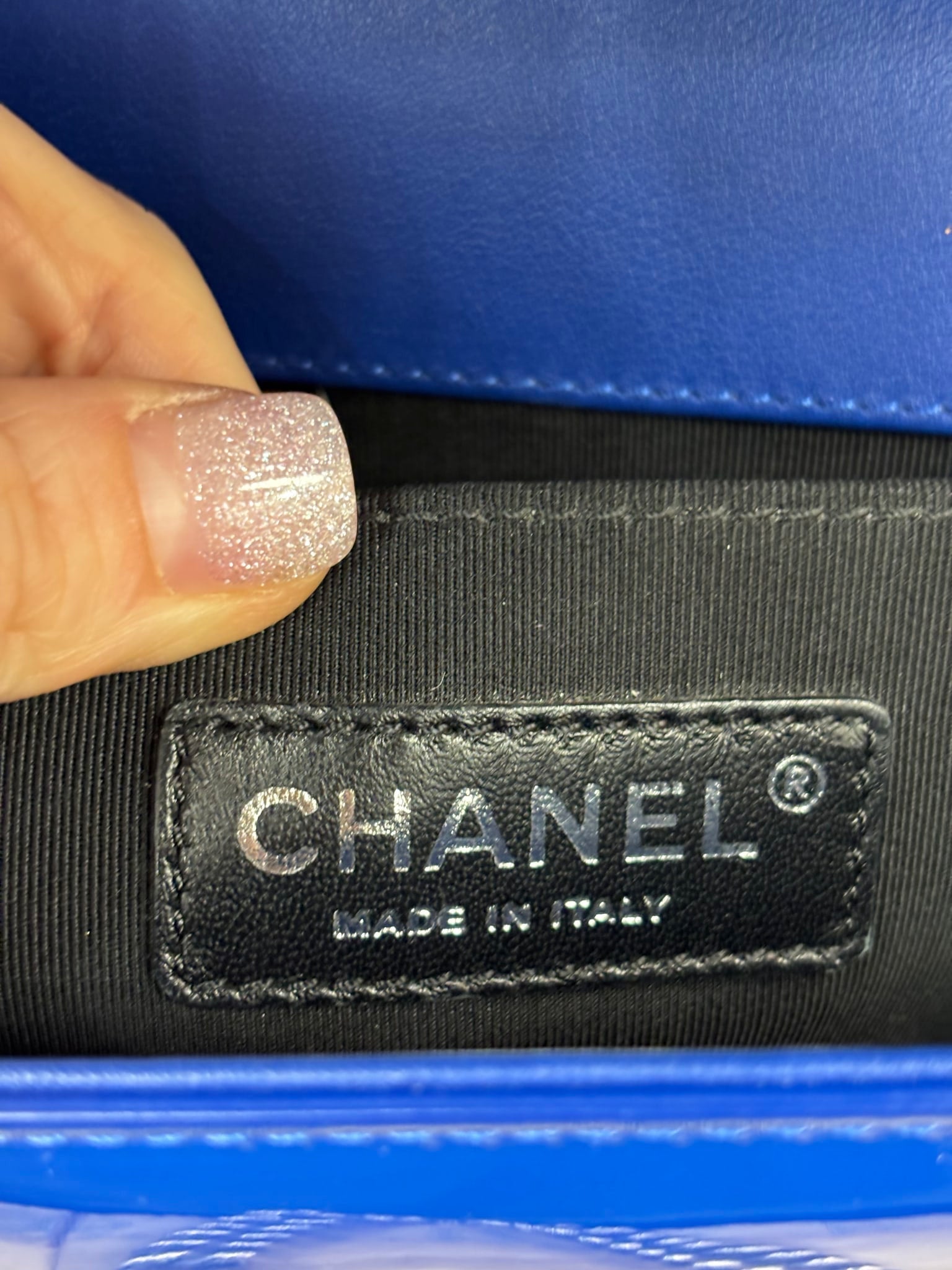 Chanel Blue Patent Leather Quilted Boy Bag