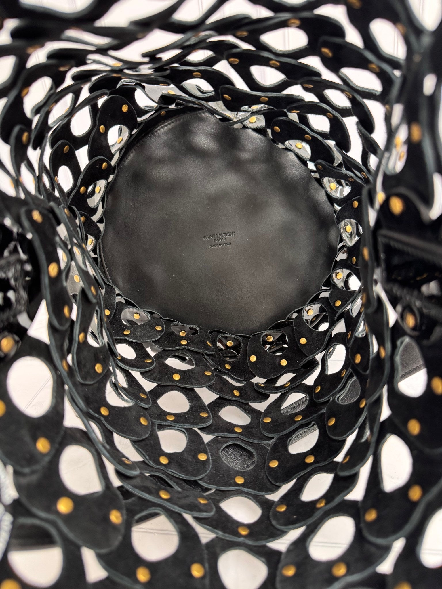Saint Laurent YSL Black Perforated Patent Leather Seau Bucket Bag