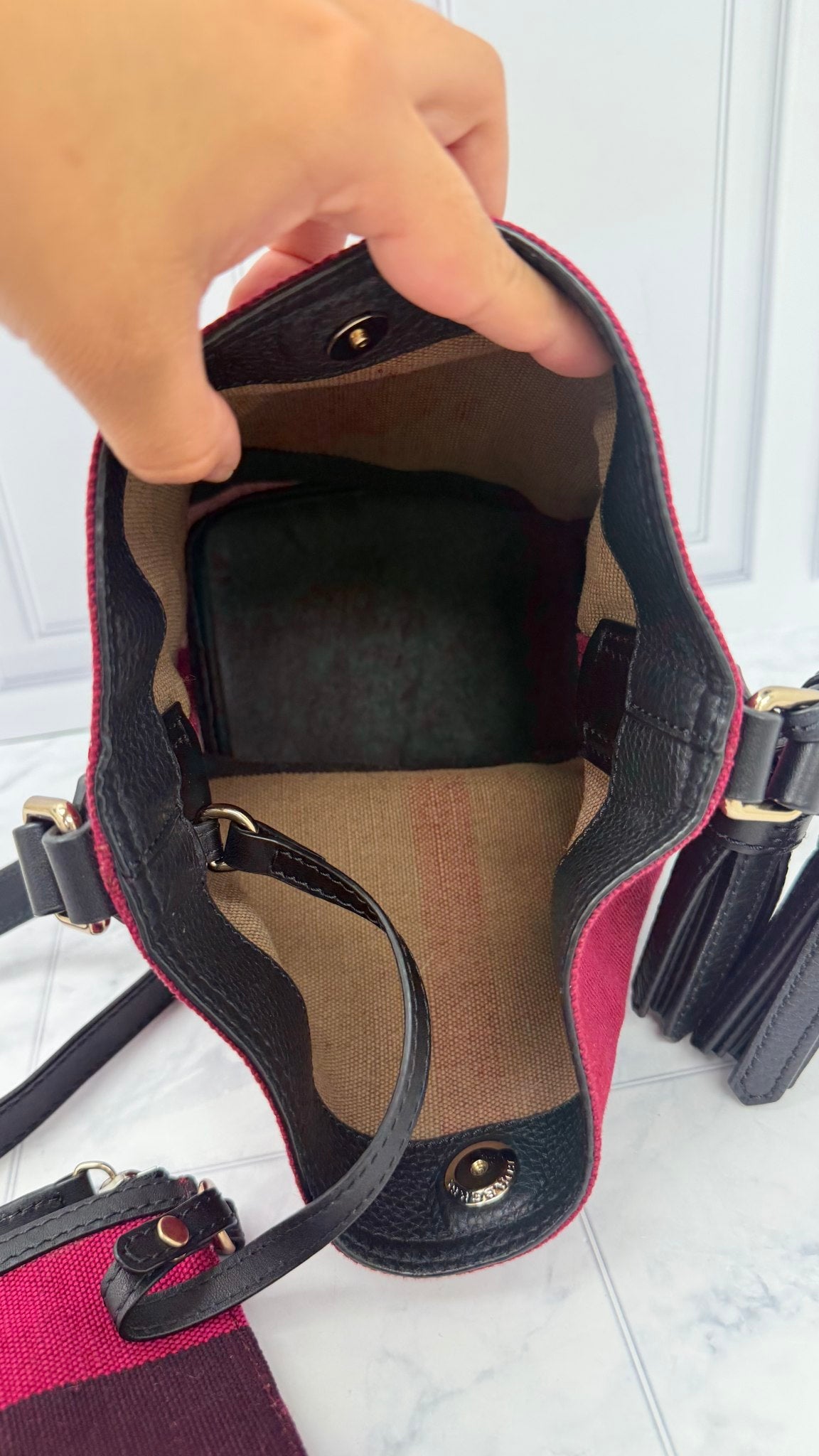 Burberry Maroon Canvas Ashby Bucket Crossbody Bag 