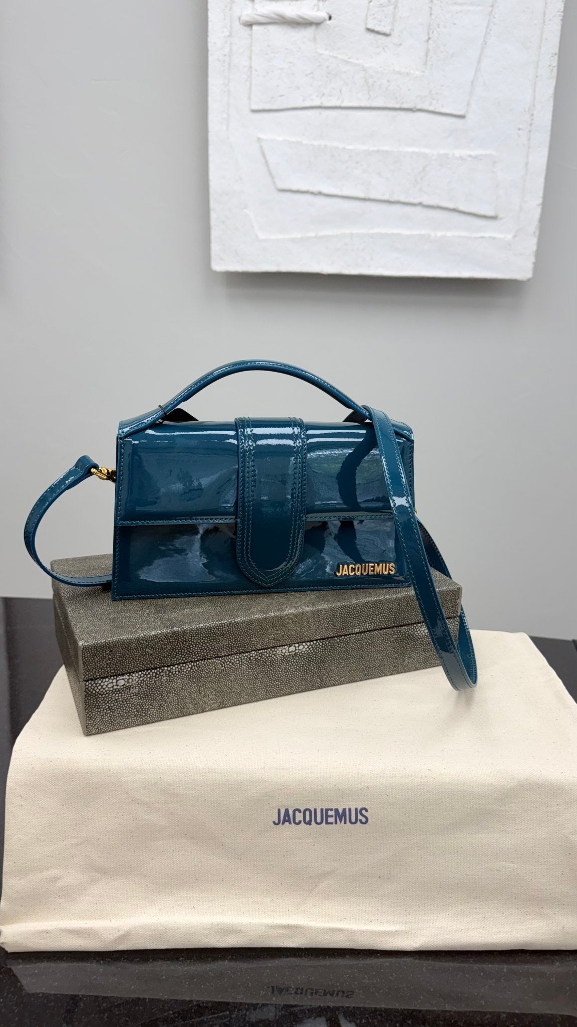 BRAND NEW - Jacquemus Turquoise Patent Leather Le Grand Bambino Handbag 2Way Handbag
