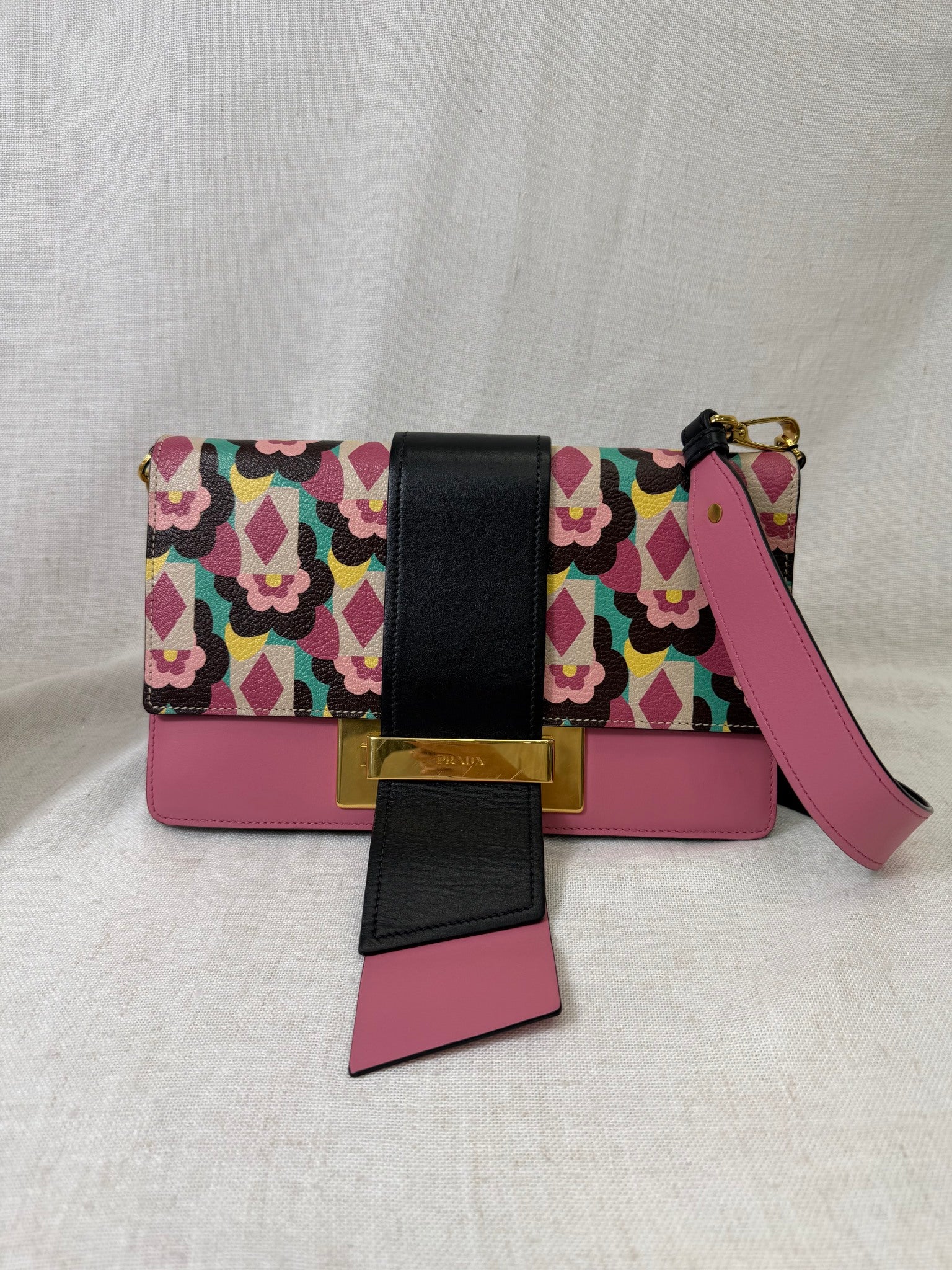 Prada Pink Floral Leather Plex Ribbon Shoulder Bag