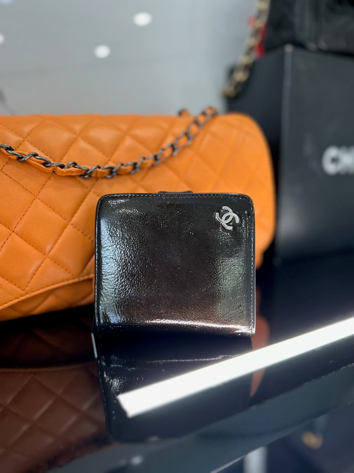 Chanel Black Patent Leather Zippy Compact Wallet  