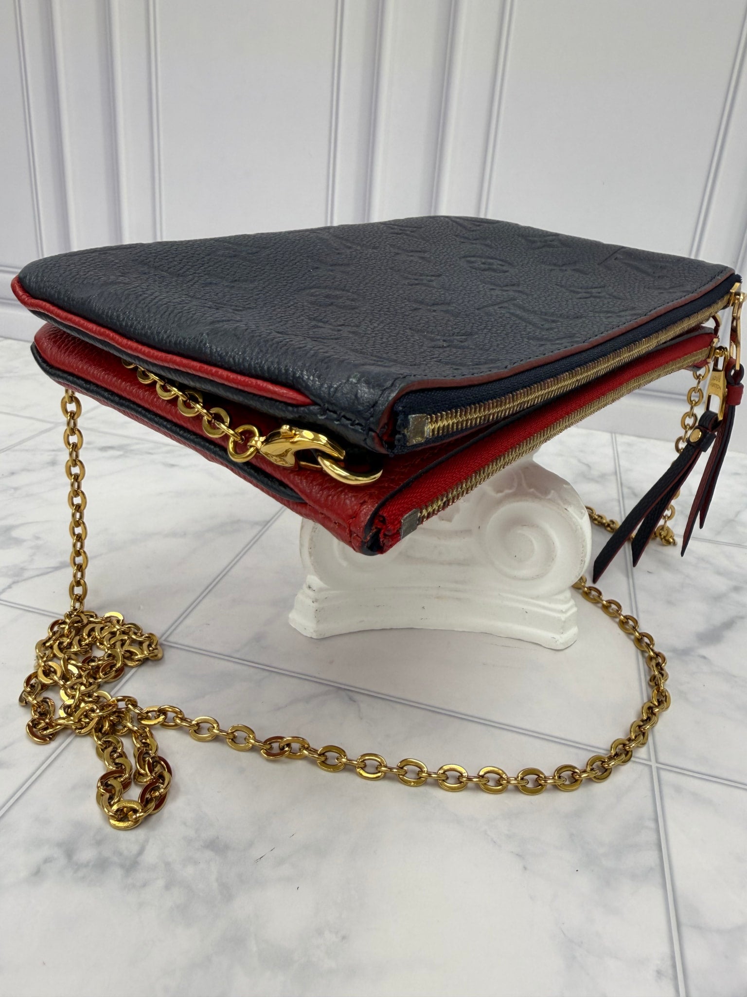 Louis Vuitton Navy & Red Empreinte Leather Double Zip Pochette
