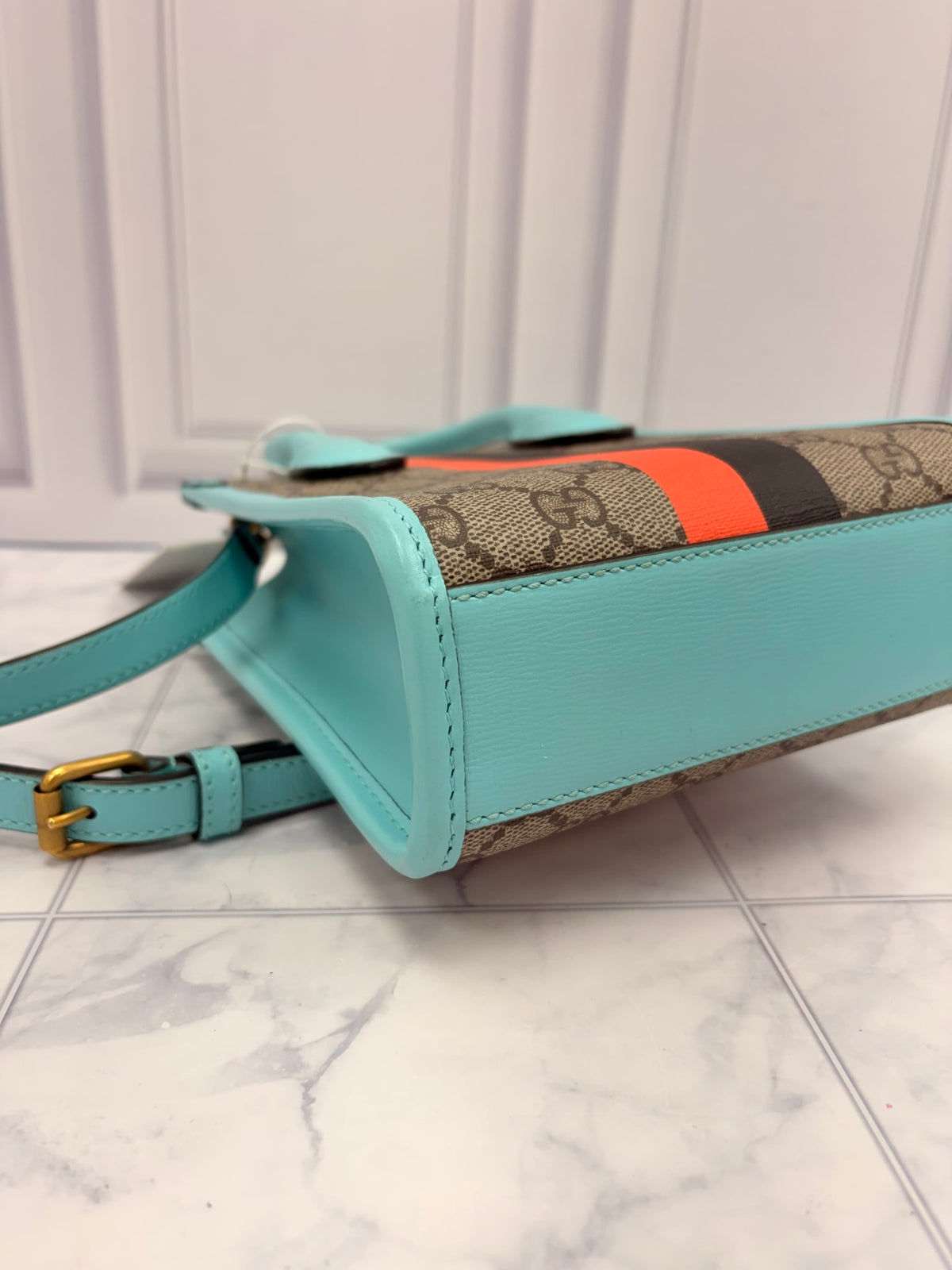 Gucci GG Supreme Canvas Teal Leather Trim Gucci Tiger Mini Two Way Tote Bag