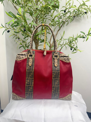 Fendi Red Coated Canvas B Tote Bag
