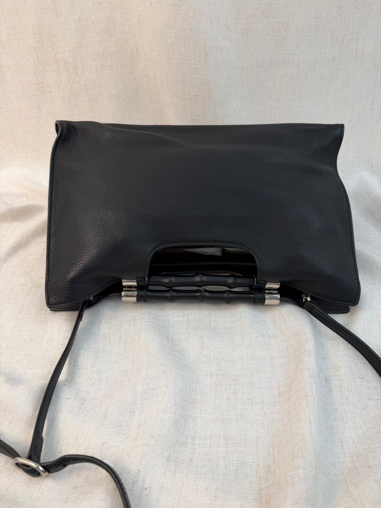 Gucci Black Leather Bamboo Handle Two Way Bag