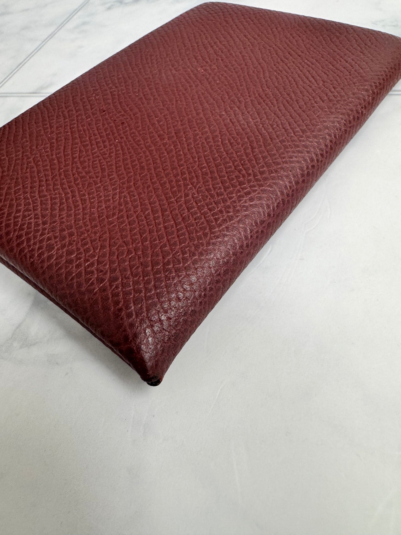 Hermes Burgundy Grained Leather Calvi Card Holder