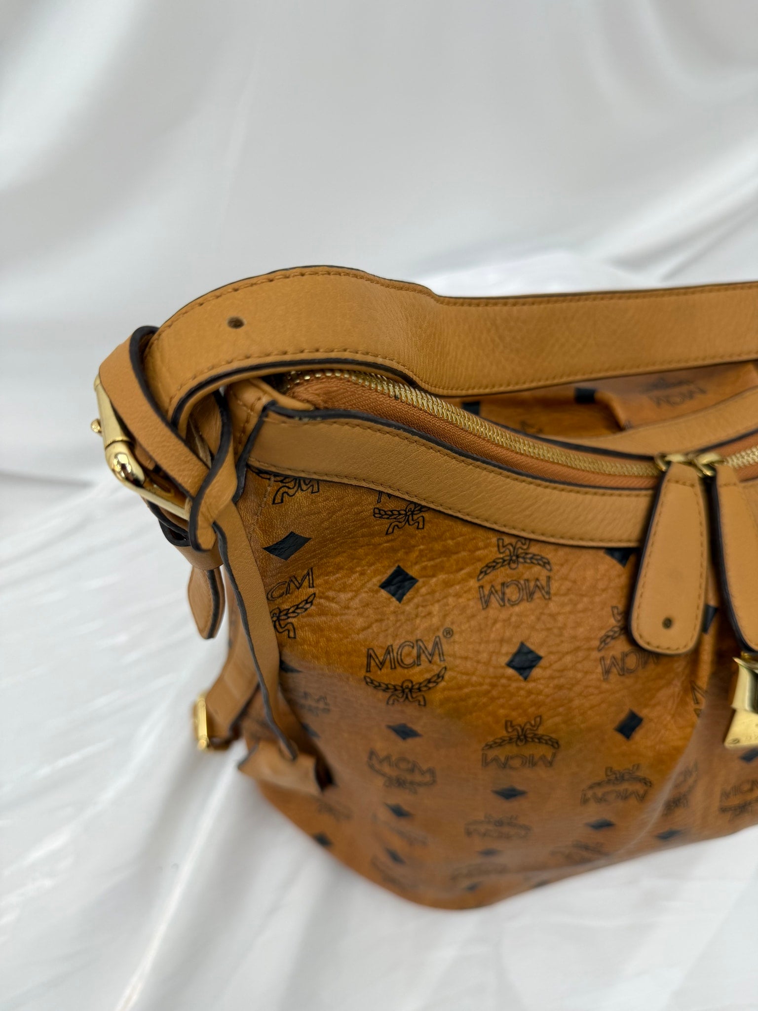 MCM Cognac Coated Canvas Large Hobo Bag