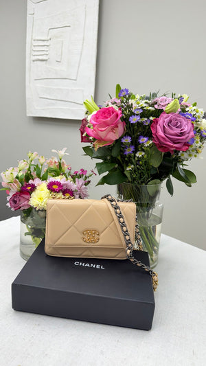 Chanel Beige Quilted Lambskin Leather Chanel 19 Wallet On A Chain