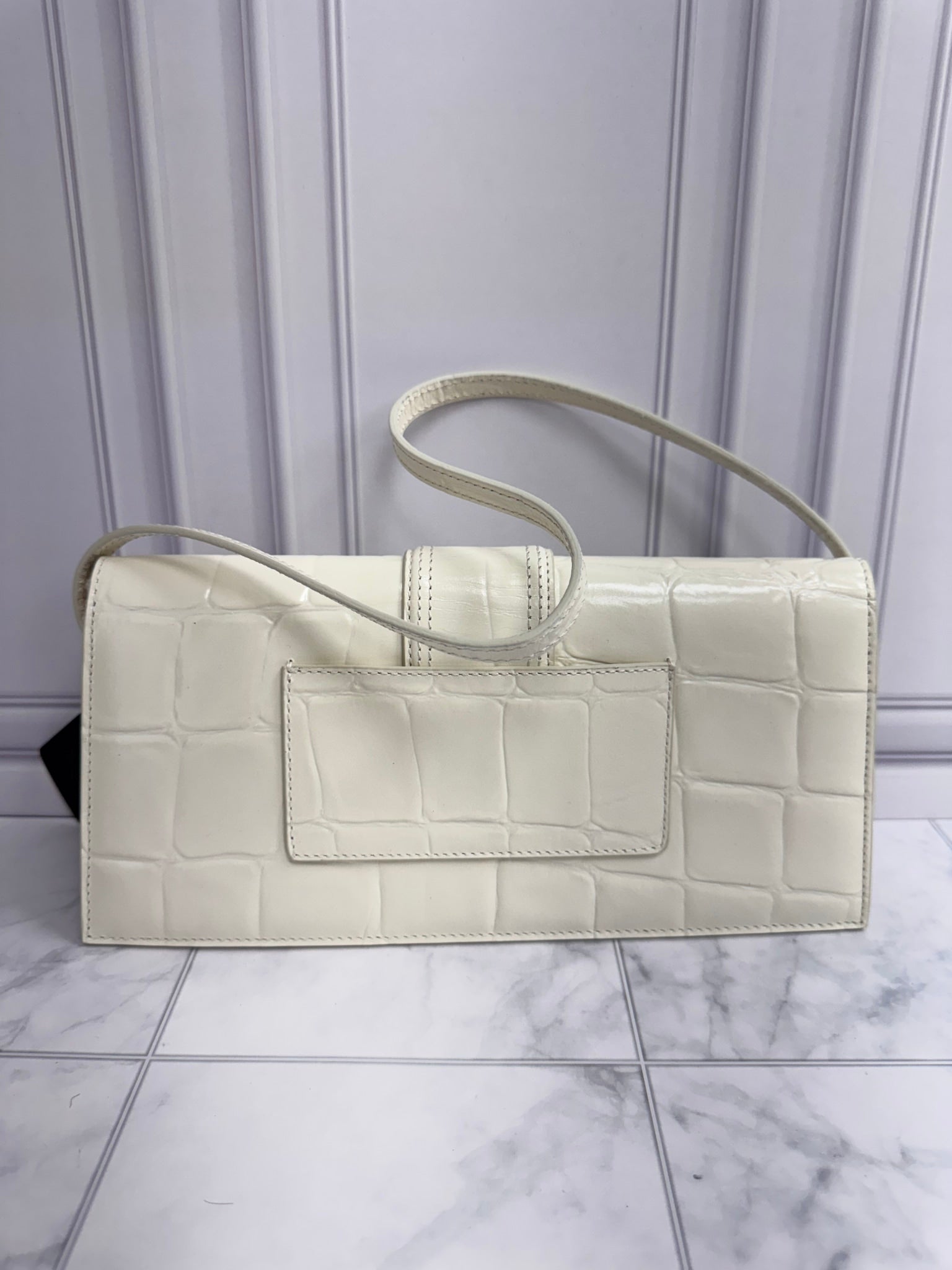 BRAND NEW Jacquemus White Croc Embossed Patent Leather Le Bambino Long Bag