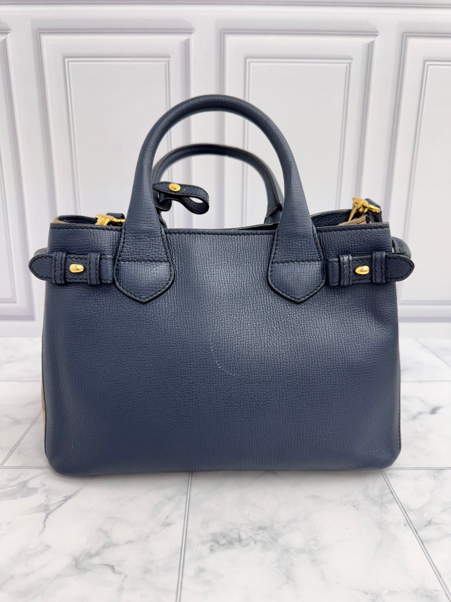 Burberry Navy Blue Grained Leather Small Tote Bag