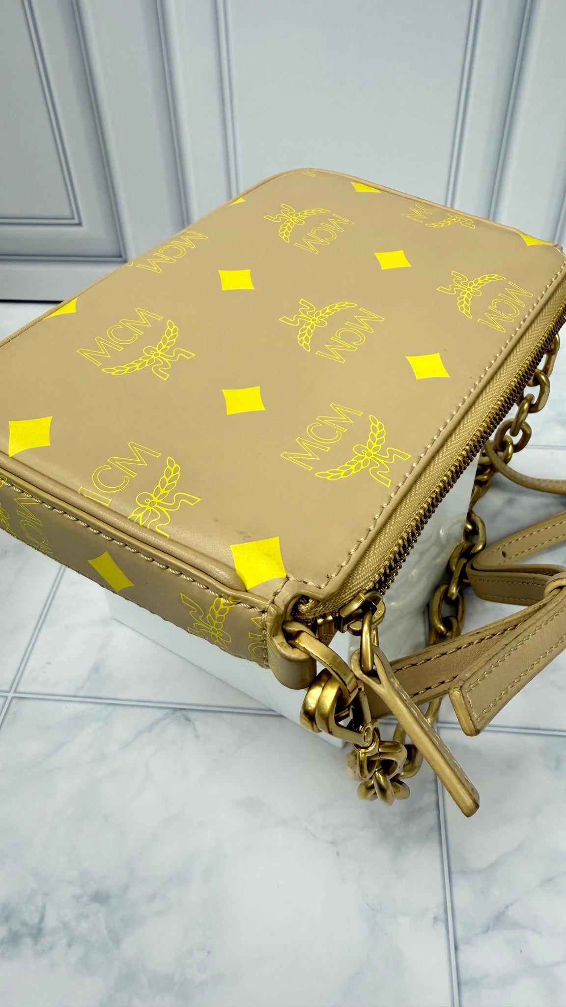 MCM Beige Leather Chain Crossbody Bag
