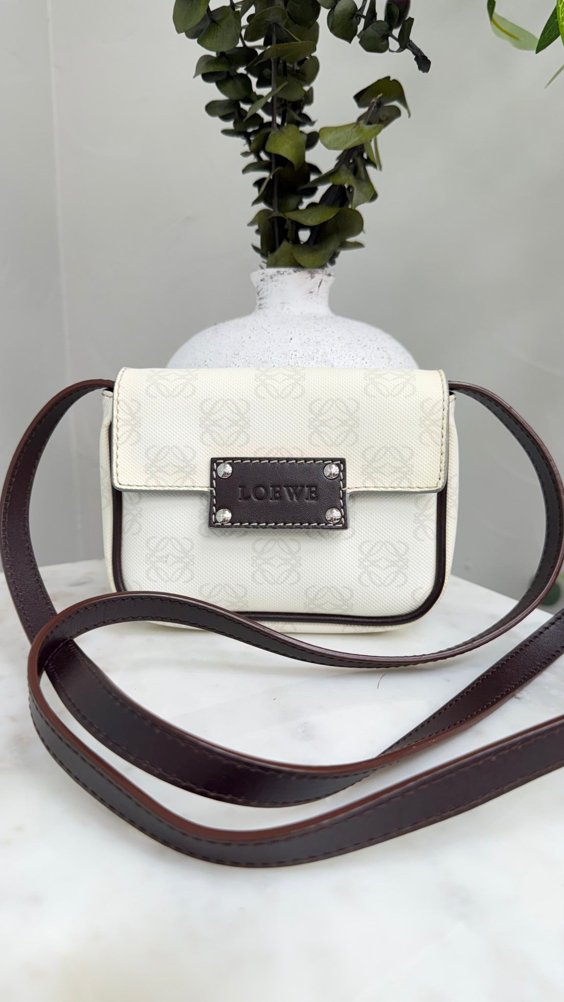 Loewe White Anagram Coated Canvas & Brown Leather 2way Bag