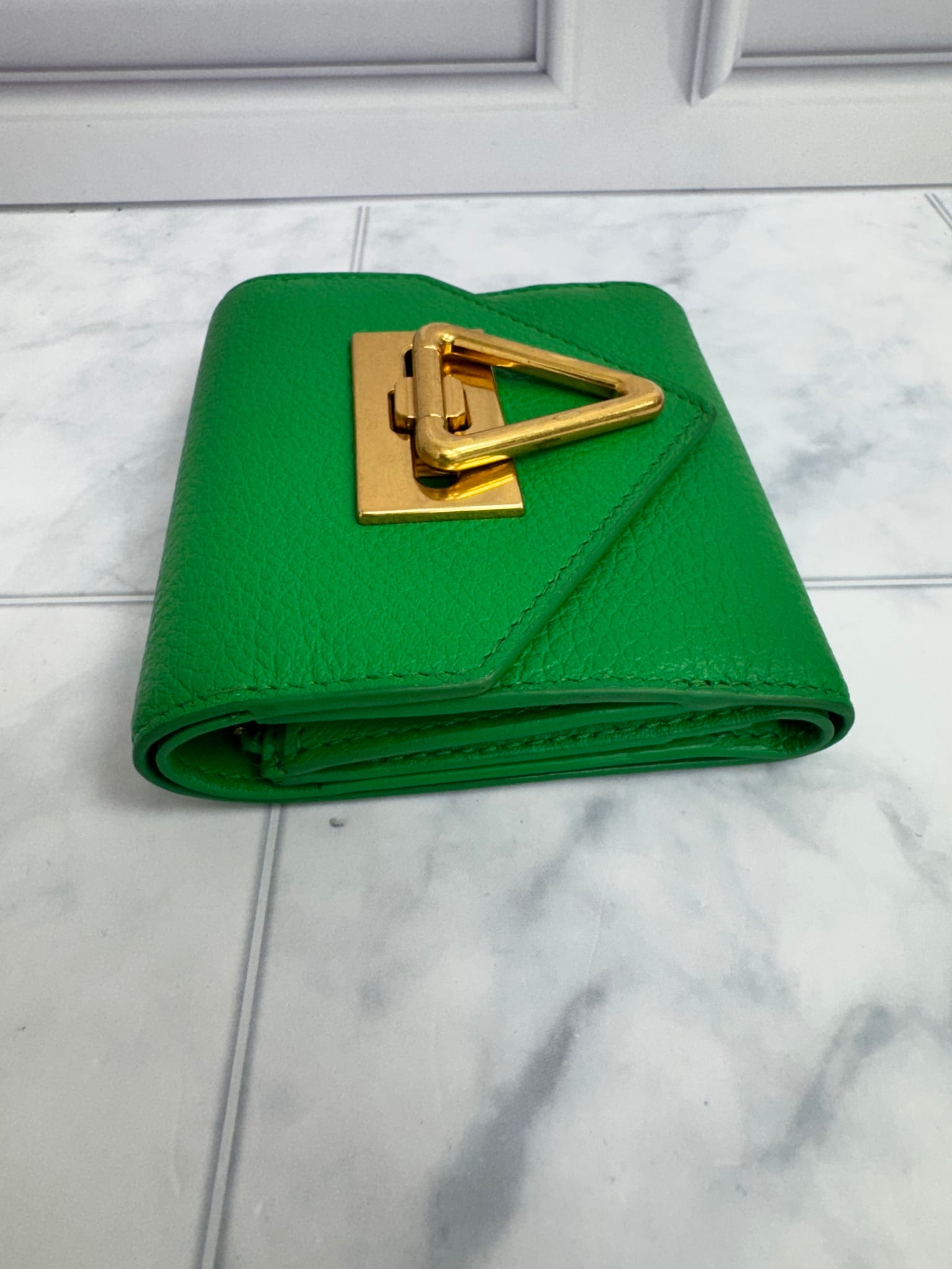 Bottega Veneta Green Leather Triangle Compact Wallet