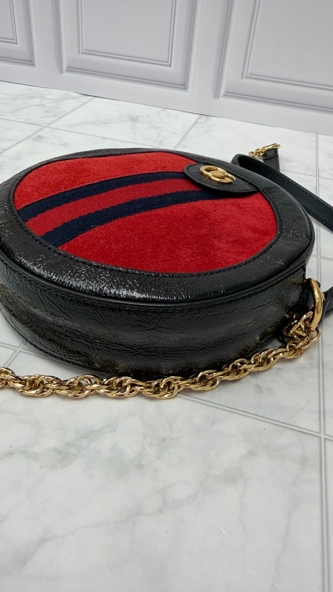 Gucci Red Suede & Black Patent Leather Round Marmont Mini Round Chain Bag