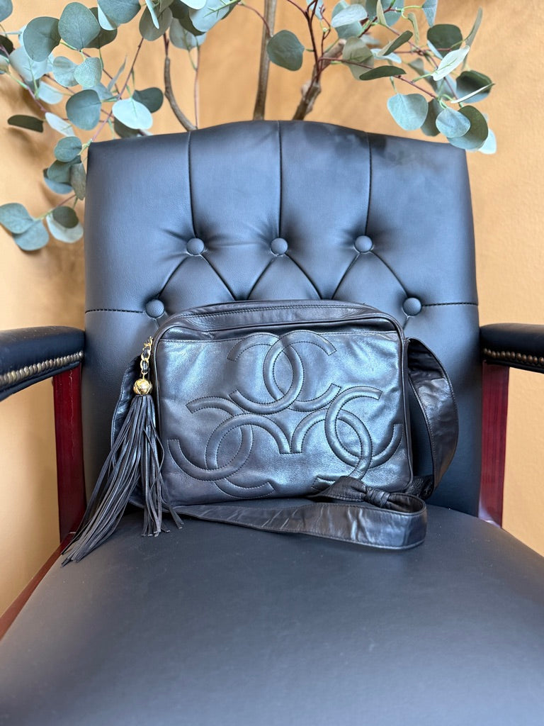 Chanel Black Lambskin Triple CC Tassel Camera Bag