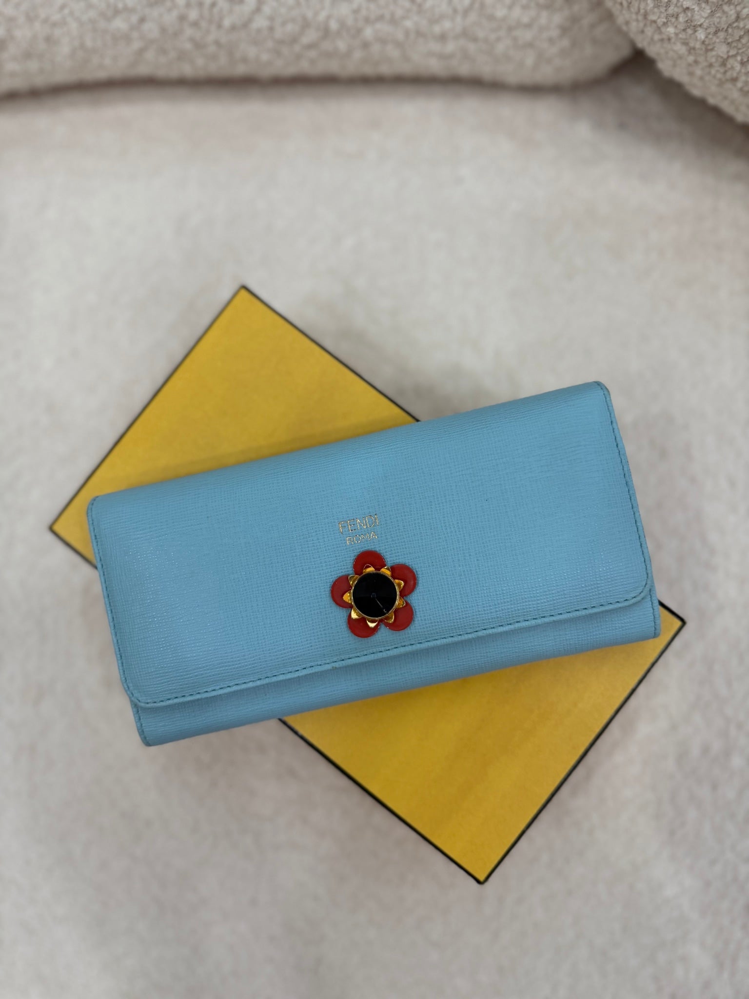 Fendi Light Blue Leather Flower Continental Wallet