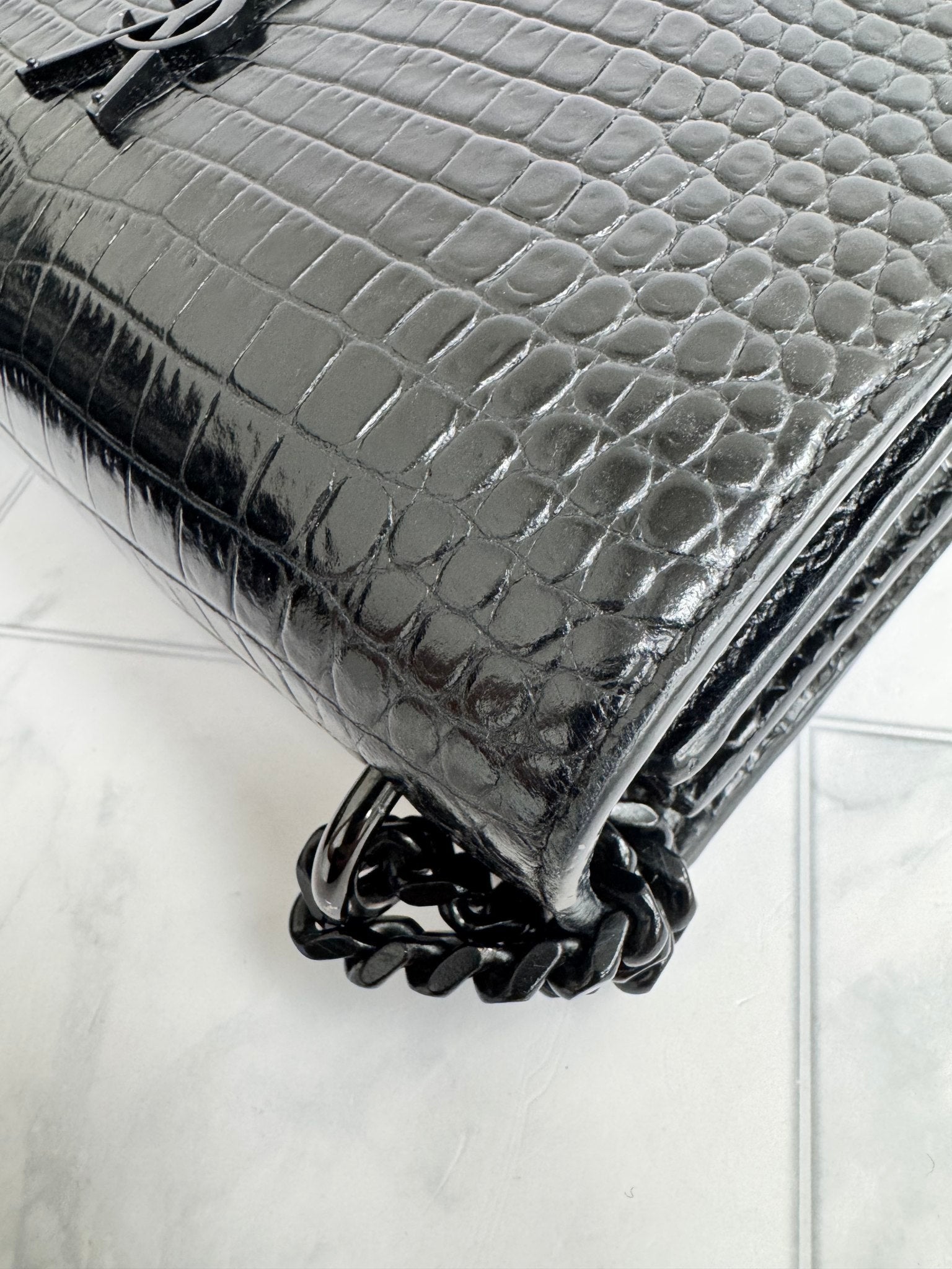 Saint Laurent YSL Black Croc Embossed Medium Sunset Bag