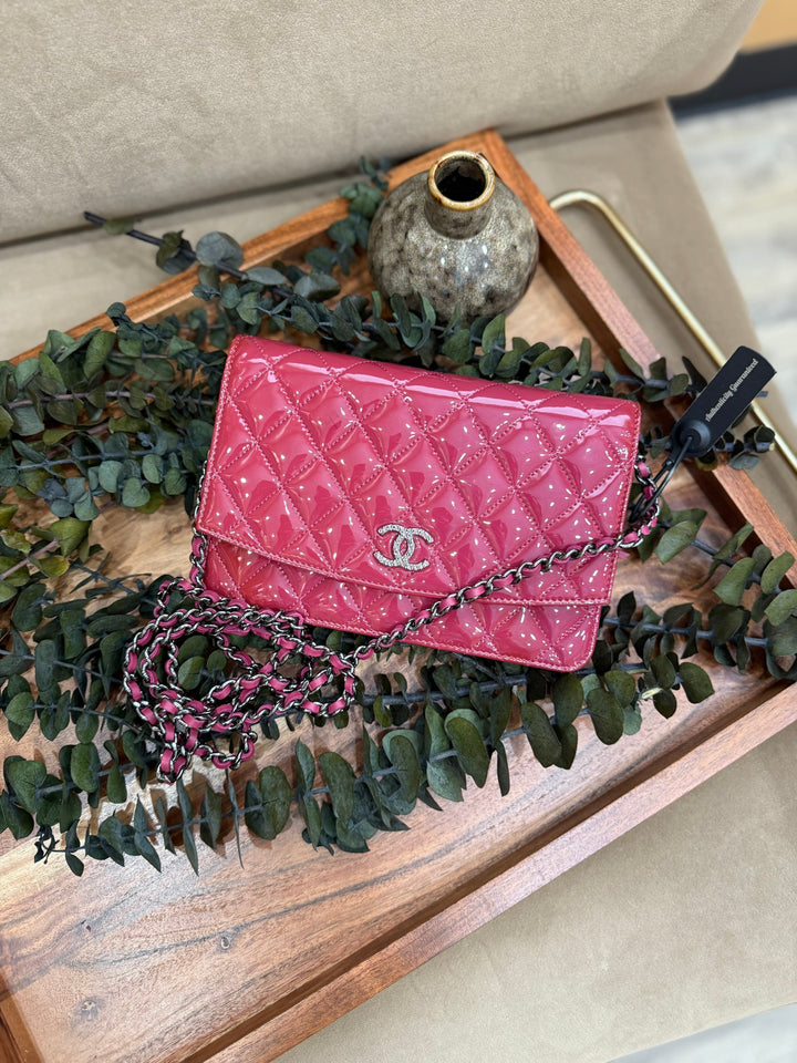 Chanel Dark Pink Quilted Patent Leather Wallet on a Chain