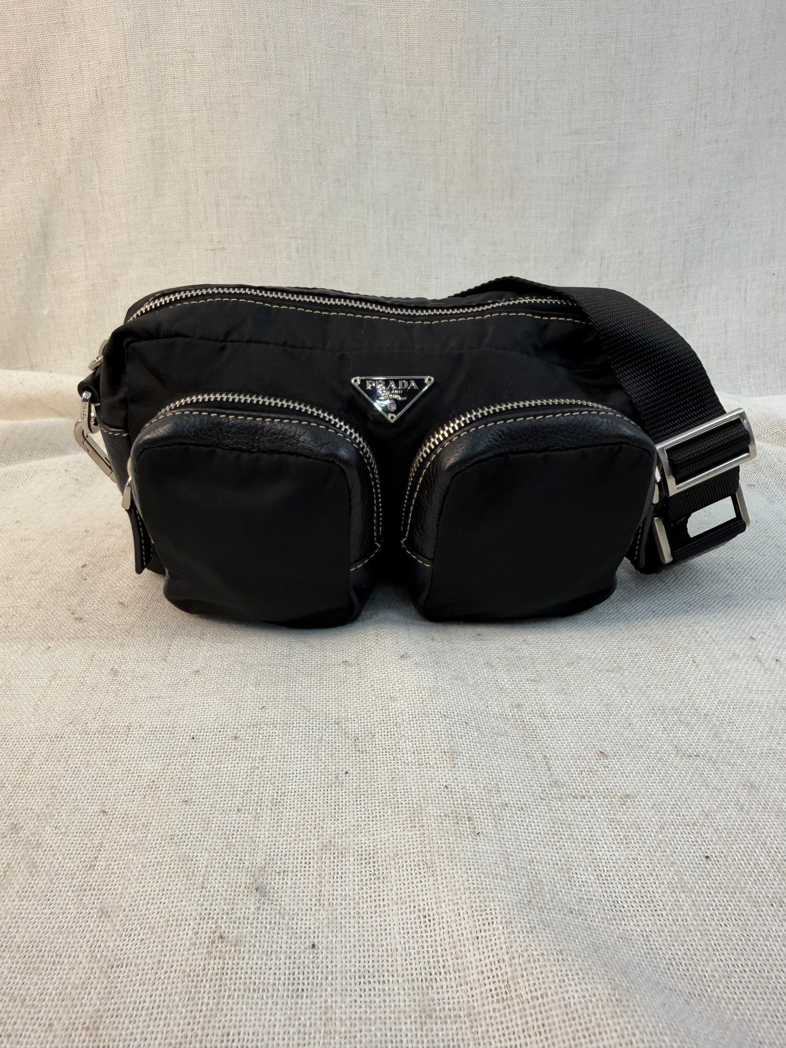 Prada Black Nylon Tessuto Double Pocket Shoulder Bag