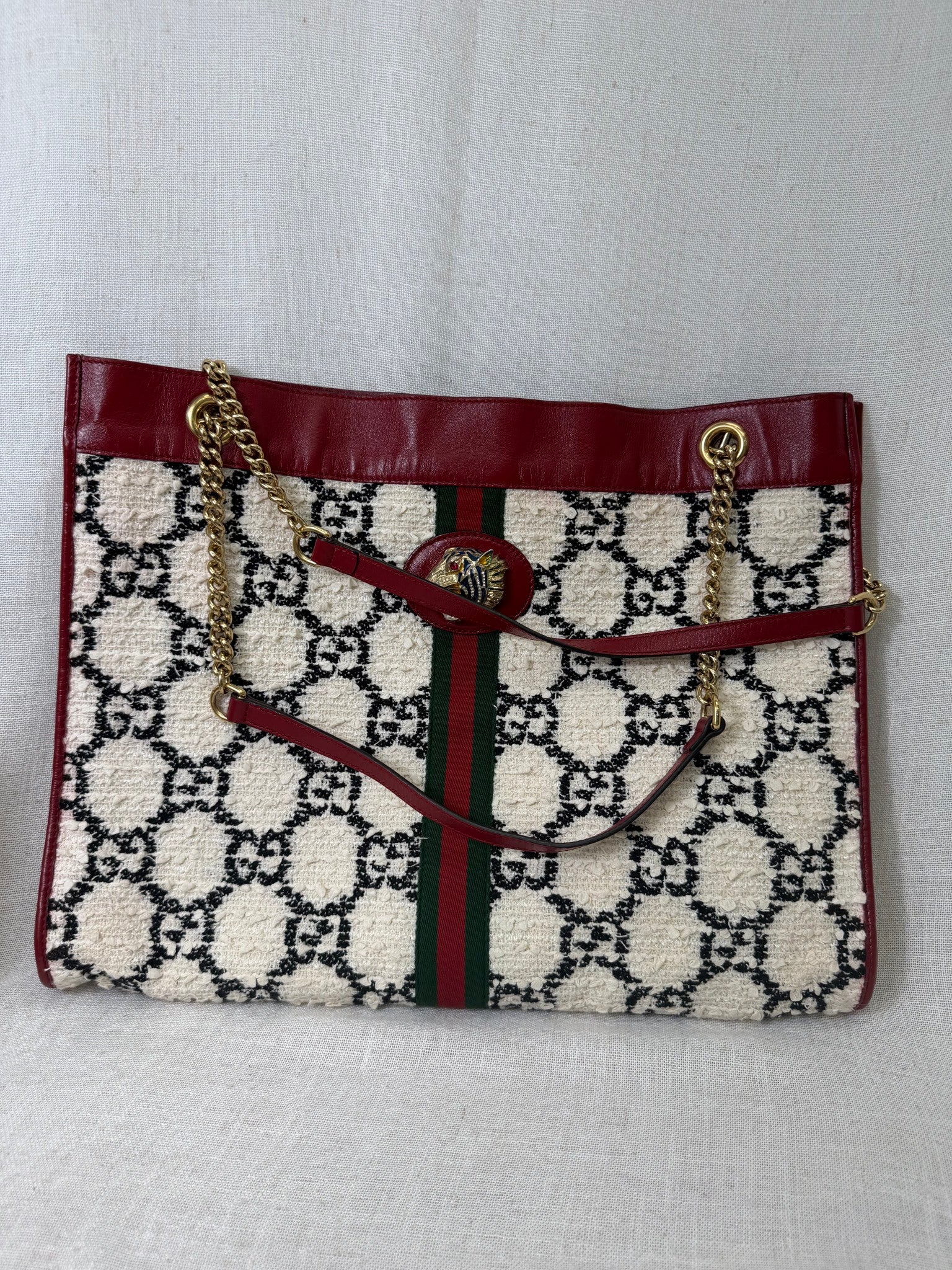 Gucci White Tweed And Red Leather Trim GG Rajah Tote