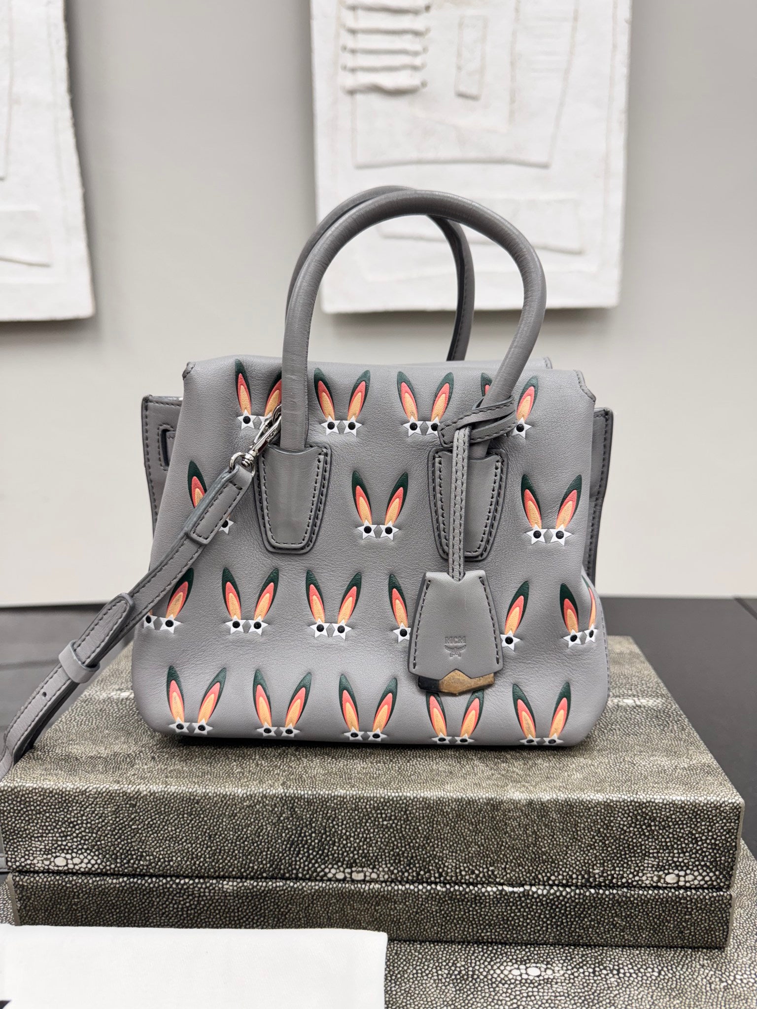 MCM Grey Leather Star Eyed Bunny Mini Tote Bag