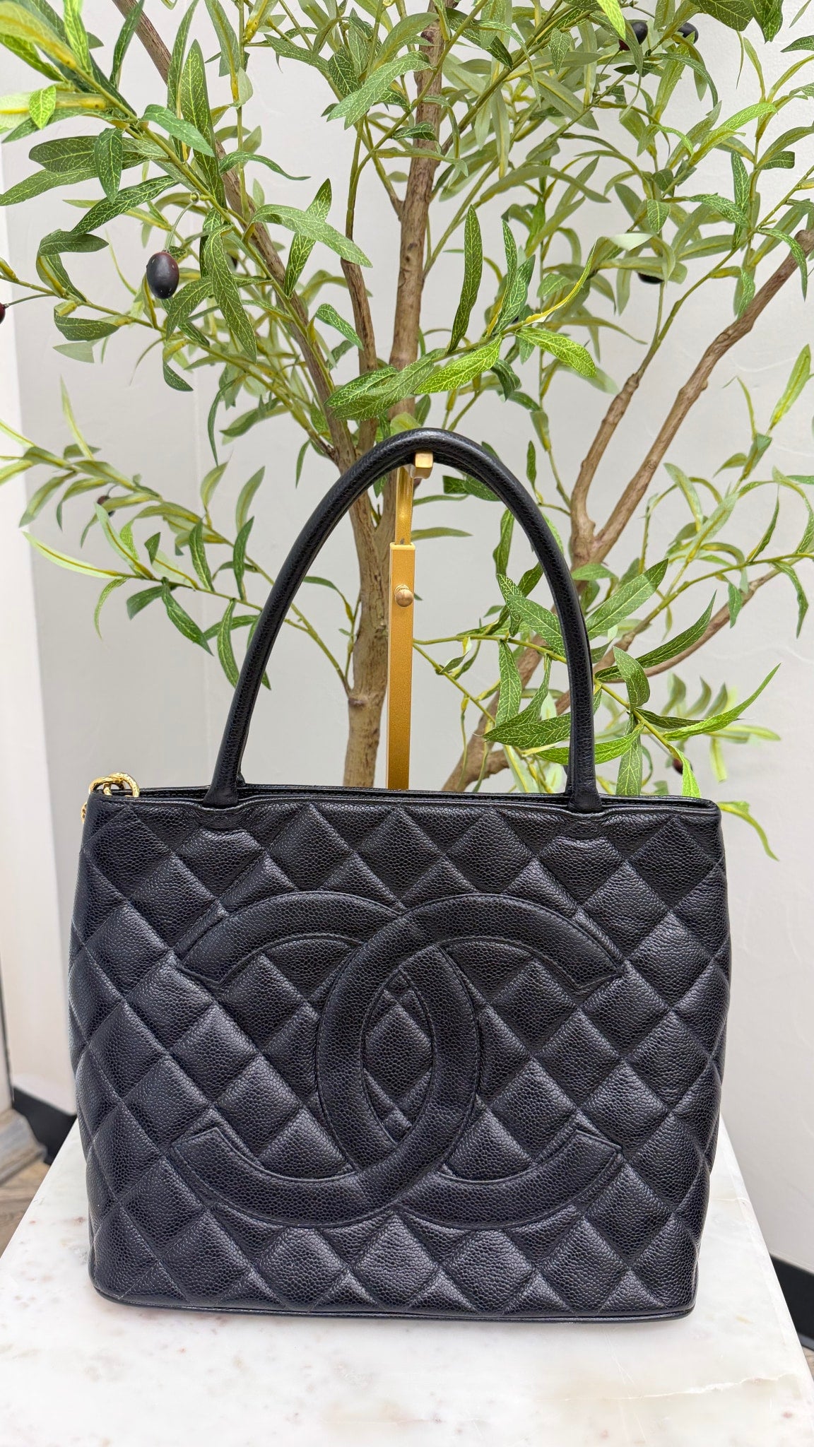 Chanel Black Caviar Leather Medallion Tote Bag 