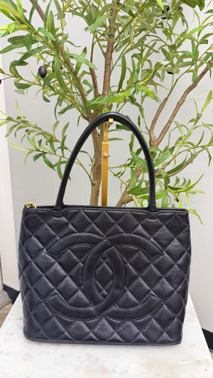 Chanel Black Caviar Leather Medallion Tote Bag