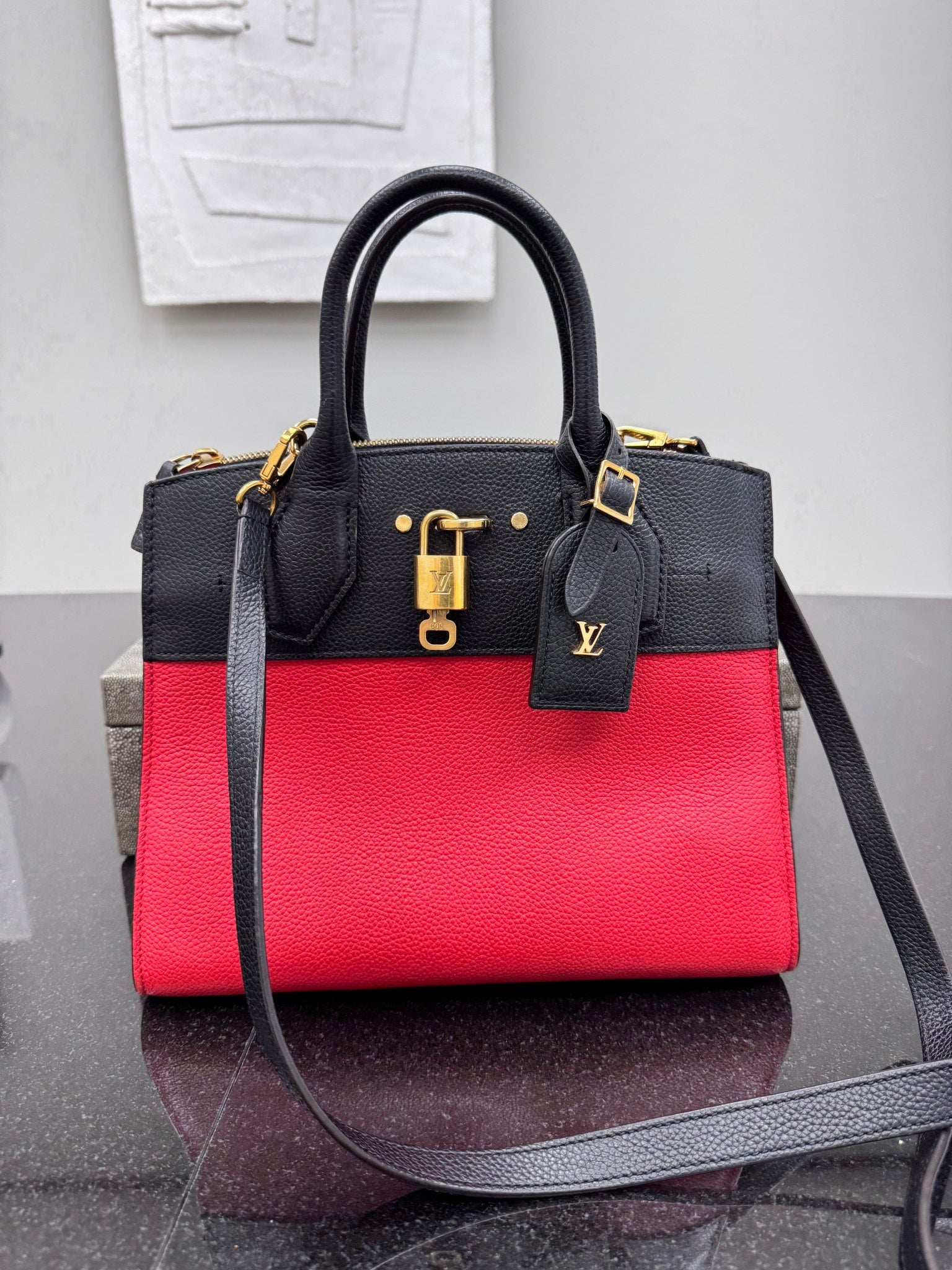 Louis Vuitton Red And Black Grained Leather City Steamer PM 2Way Bag