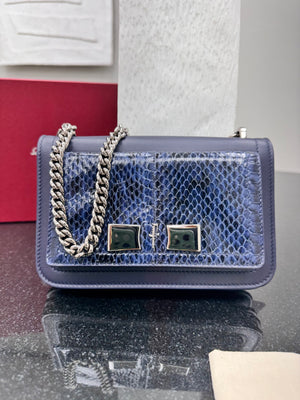 LIKE NEW - Salvatore Ferragamo Blue Leather And Python Texture Vara Bow Chain Shoulder Bag