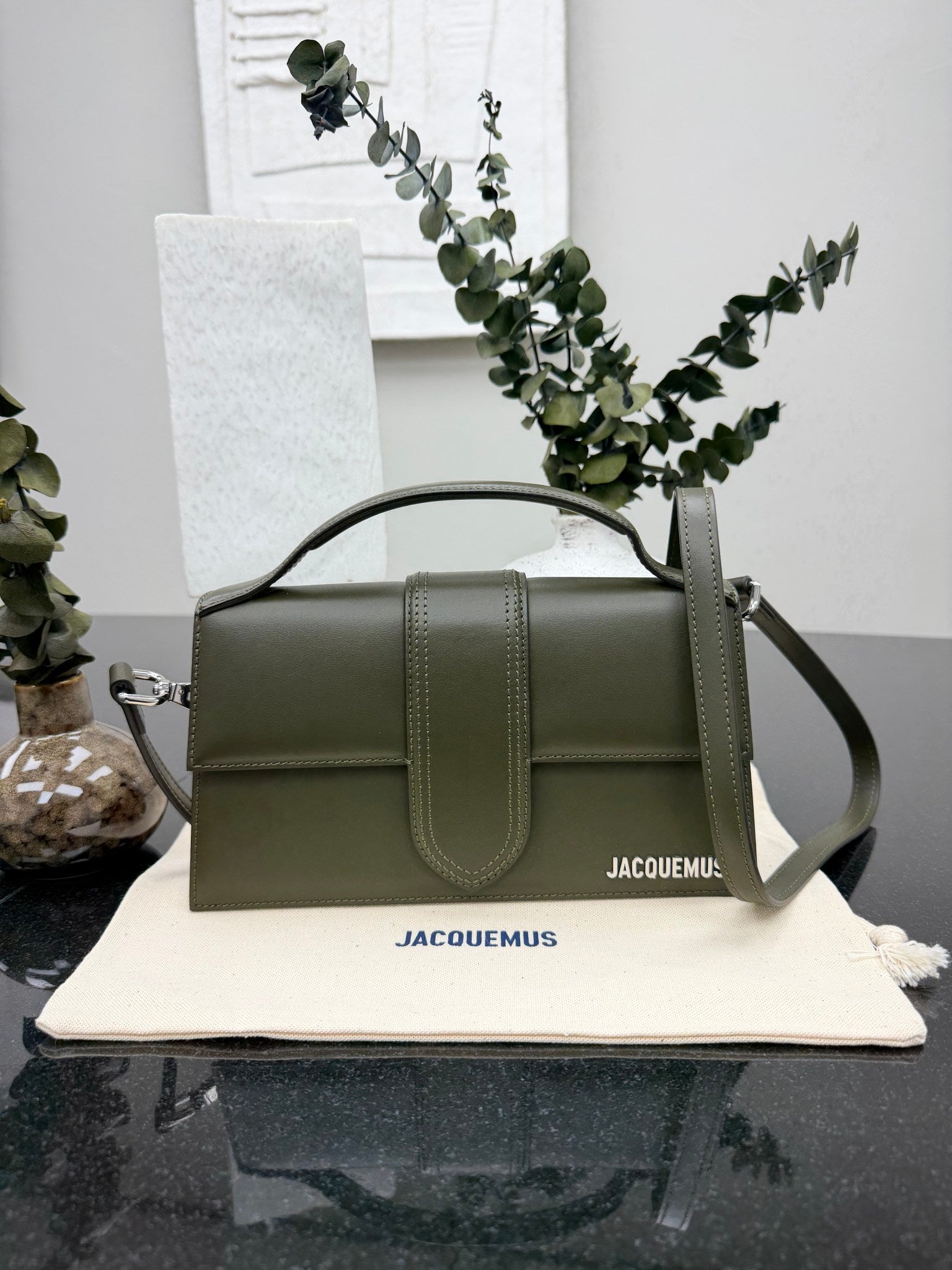 BRAND NEW - Jacquemus Olive Green Leather Le Grand Bambino Handbag 2Way Handbag