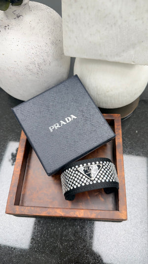 LIKE NEW - Prada Black Satin Leather Crystal Cuff
