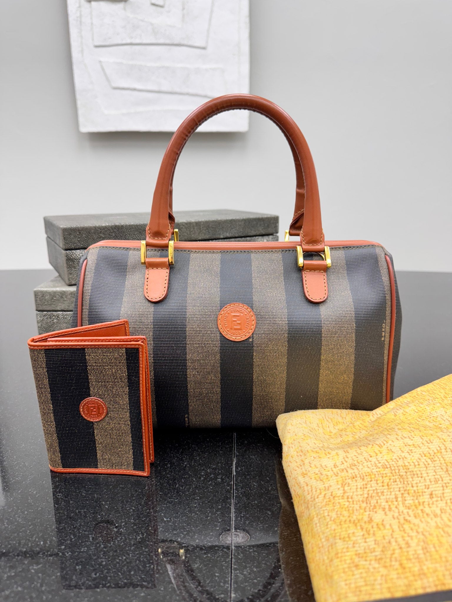 Fendi Brown And Black Stripped Coated Canvas Pequin Boston Bag and Card Holder