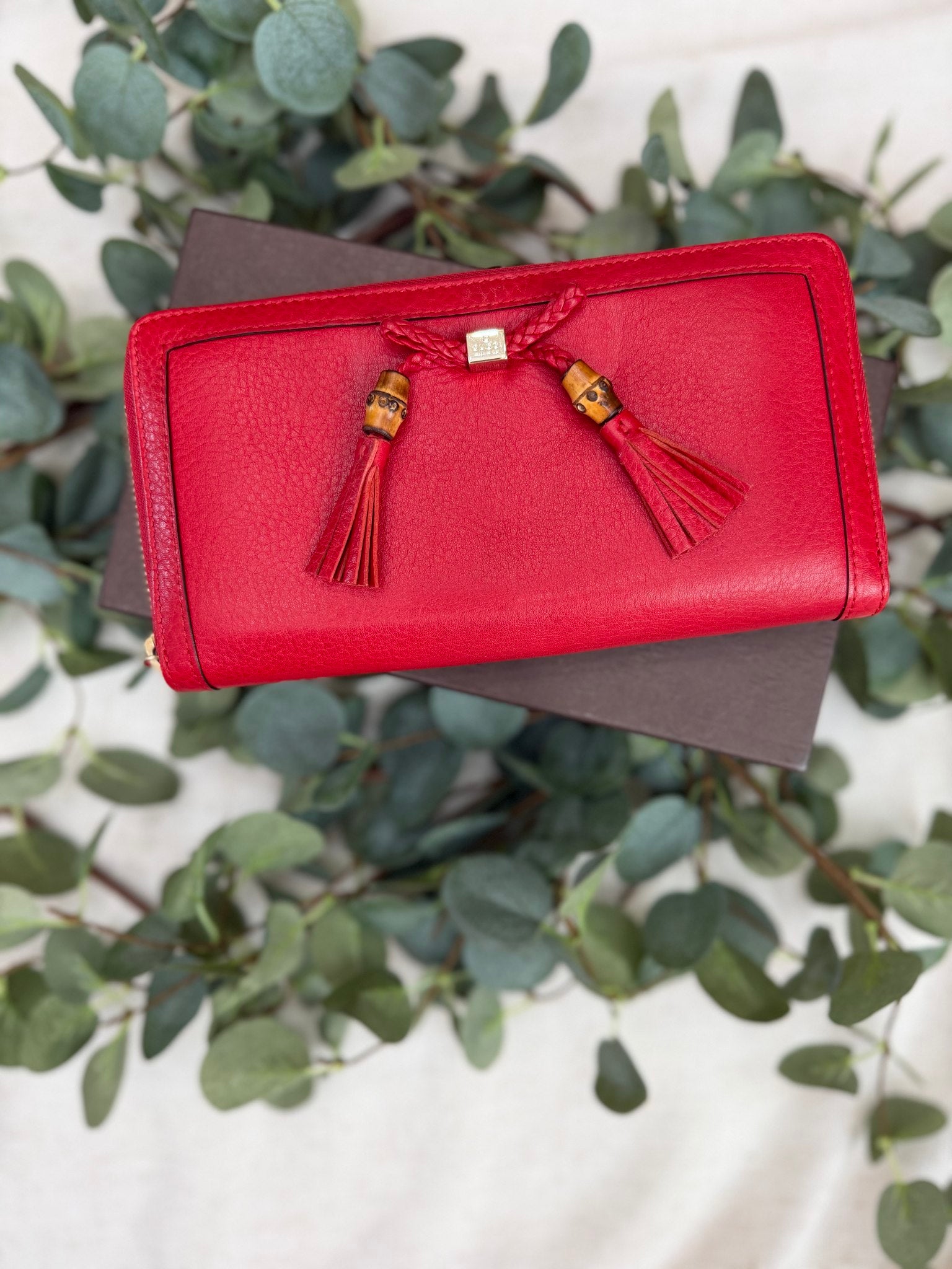 Gucci Red Leather Bamboo Tassel Zippy Wallet