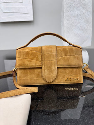 BRAND NEW - Jacquemus Camel Croc Embossed Suede Le Grand Bambino Handbag