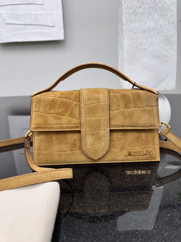 BRAND NEW - Jacquemus Camel Croc Embossed Suede Le Grand Bambino Handbag