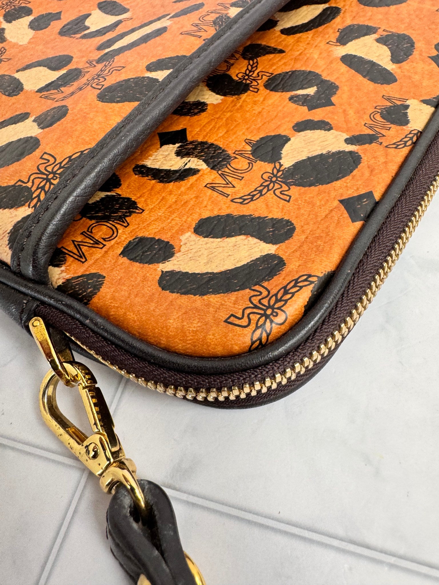 MCM Tan Leopard Print Visetos Coated Canvas Crossbody Bag