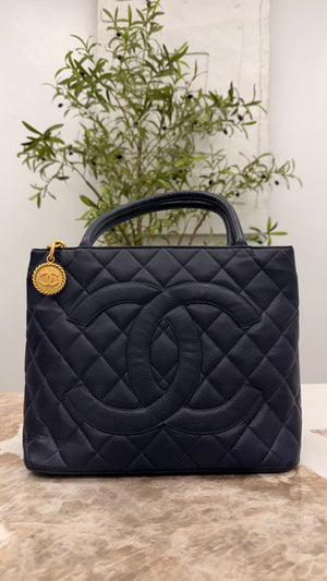 Chanel Navy Quilted Caviar Leather Medallion Tote Bag