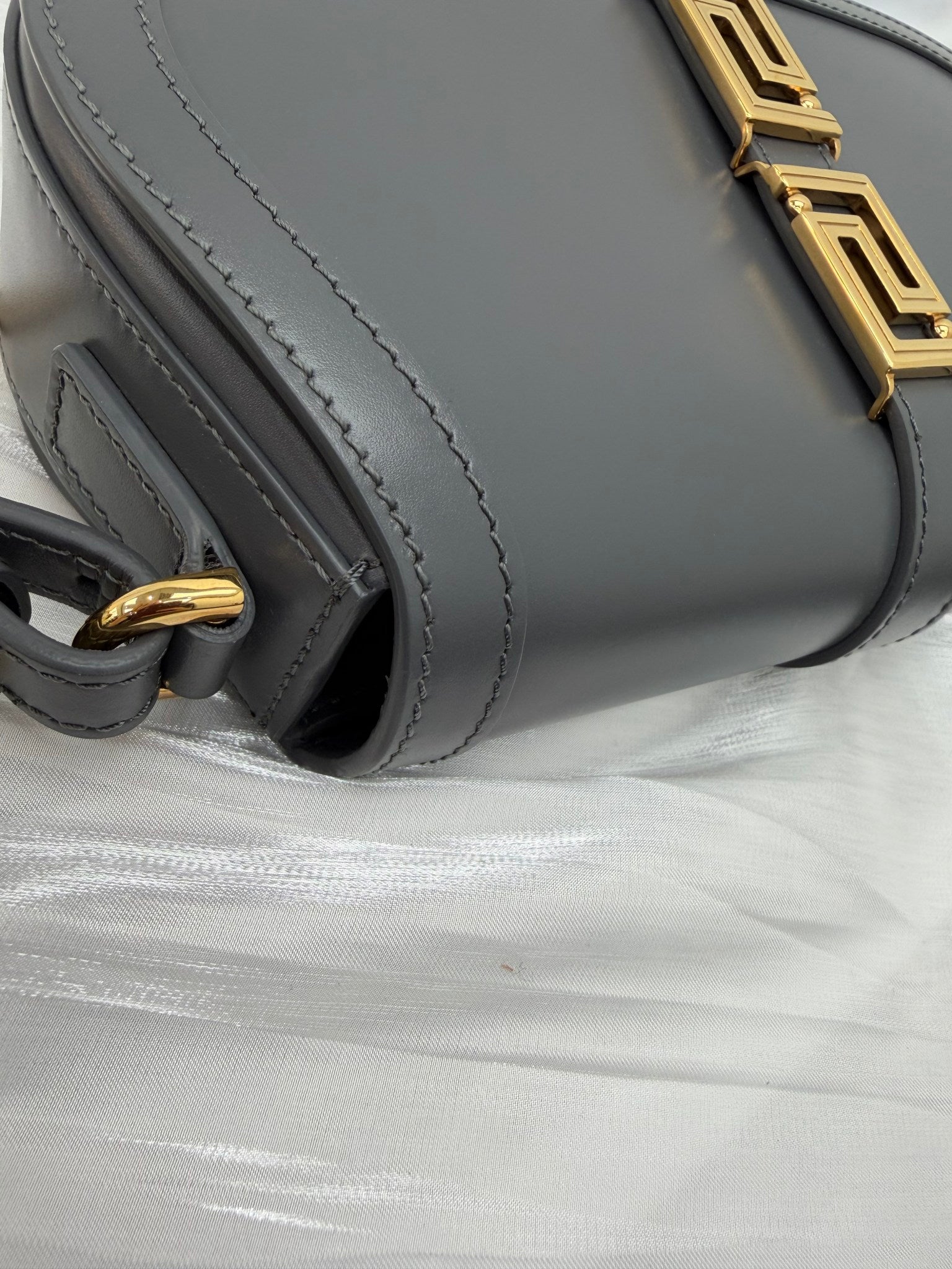 LIKE NEW- Versace Grey Calfskin Medium Greca Goddess Shoulder Bag